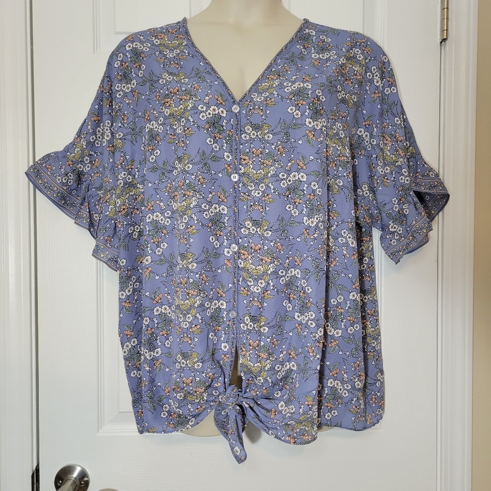 Max Studio Periwinkle Floral Ruffle Sleeve Tie Front Top Plus 2x - Picture 4 of 9
